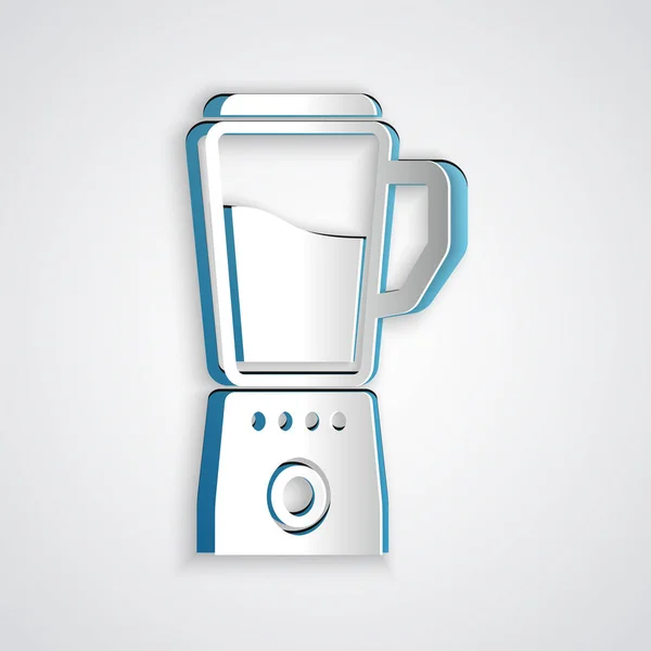 Kağıt kesme Blender simgesi gri arka plan üzerinde izole. Kase ile Mutfak elektrik sabit karıştırıcı. Pişirme smoothies, kokteyl veya meyve suyu. Kağıt sanat tarzı. Vektör İllüstrasyonu — Stok Vektör