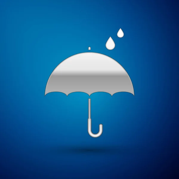 シルバーアンブレラと雨滴は、青い背景に隔離されたアイコンをドロップします。防水アイコン。保護、安全、セキュリティの概念。耐水性記号。ベクトルイラストレーション — ストックベクタ