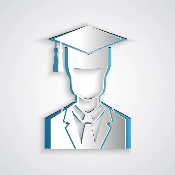 Paper cut Male graduate student profile with gown and graduation cap icon isolated on grey background. Paper art style. Vector Illustration — Stock Vector