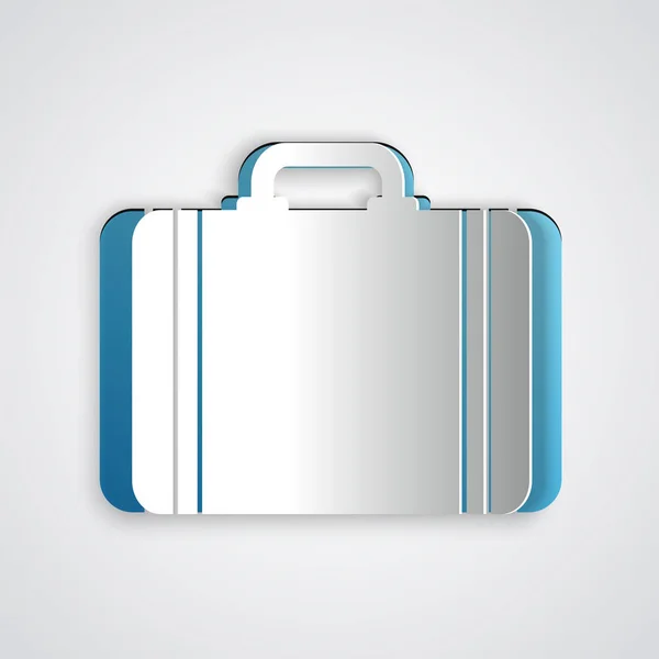 Papírvágás Bőrönd utazási ikon elszigetelt szürke háttér. Utazó csomagjelzés. Útipoggyász ikon. Papírművészeti stílus. Vektorillusztráció — Stock Vector