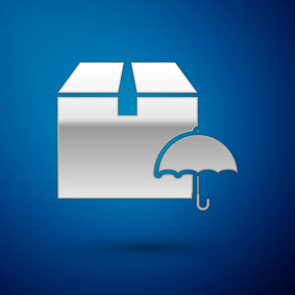 Silver Delivery package with umbrella symbol icon isolated on blue background. Parcel cardboard box with umbrella sign. Logistic and delivery. Vector Illustration