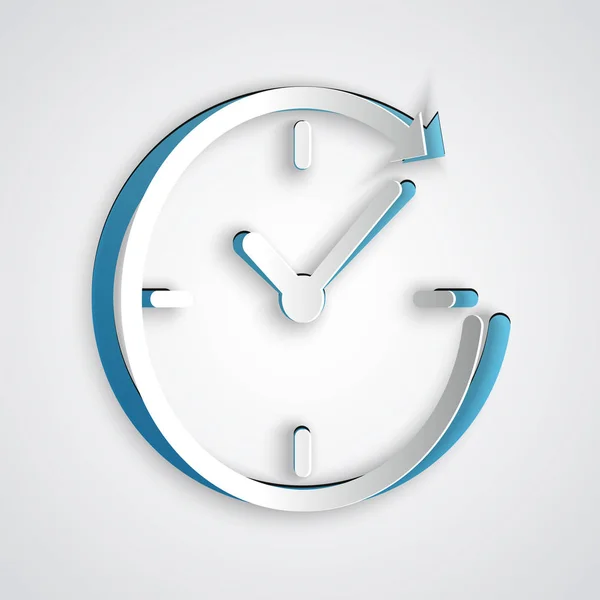 Reloj de corte de papel con icono de flecha aislado sobre fondo gris. Símbolo de tiempo. Flecha del icono de rotación en sentido horario y tiempo. Estilo de arte de papel. Ilustración vectorial — Vector de stock