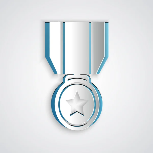 Medalla de papel con icono de estrella aislado sobre fondo gris. Signo de logro del ganador. Medalla de premio. Estilo de arte de papel. Ilustración vectorial — Archivo Imágenes Vectoriales