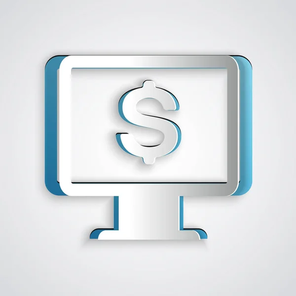 Паперовий виріз Комп'ютерний монітор з піктограмою долара ізольовано на сірому фоні. Концепція інтернет-фінансової безпеки, захист онлайн-фінансів. Стиль паперового мистецтва. Векторна ілюстрація — стоковий вектор