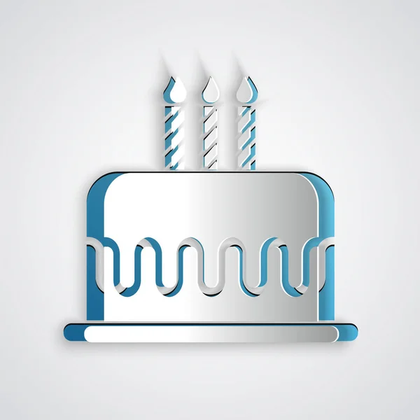 Paper cut Cake with burning candles icon isolated on grey background. Happy Birthday. Paper art style. Vector Illustration — Stock Vector