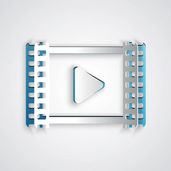 Χαρτί cut εικονίδιο αναπαραγωγή βίντεο απομονώνεται σε γκρι φόντο. Ταινία με πινακίδα. Καλλιτεχνικό στυλ. Απεικόνιση διανυσματικών φορέων — Διανυσματικό Αρχείο
