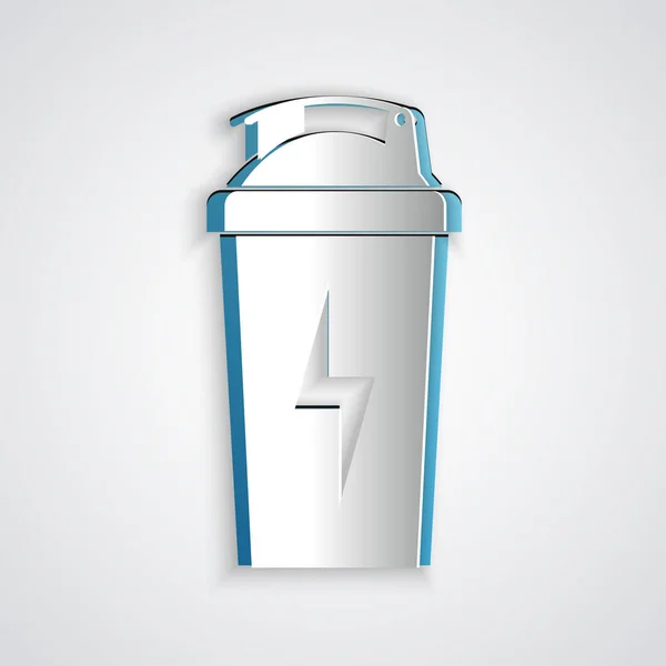 Paper cut Fitness shaker icon isolated on grey background. Sports shaker bottle with lid for water and protein cocktails. Paper art style. Vector Illustration — Stock Vector