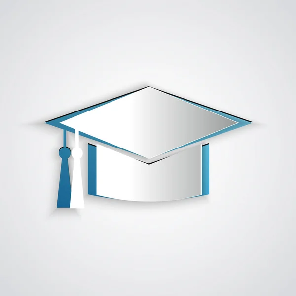 Corte de papel Icono de tapa de graduación aislado sobre fondo gris. Sombrero de graduación con icono de borla. Estilo de arte de papel. Ilustración vectorial — Vector de stock