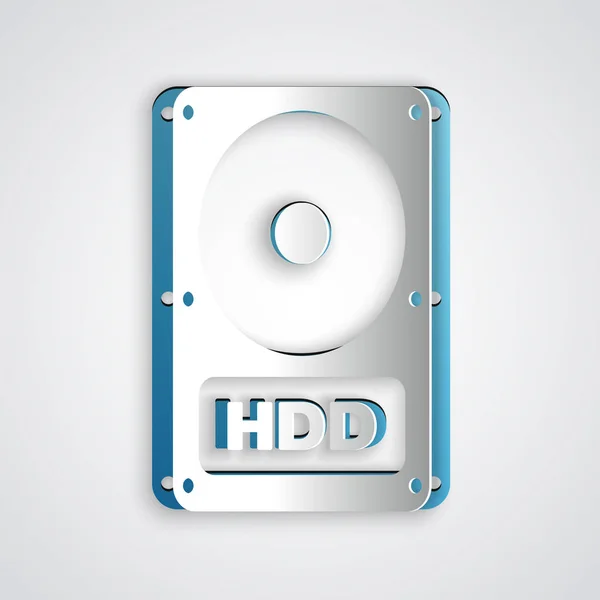 종이 컷 하드 디스크 드라이브 HDD 아이콘은 회색 배경에서 분리 된다. 종이 예술 스타일. 사기적 인 예 — 스톡 벡터