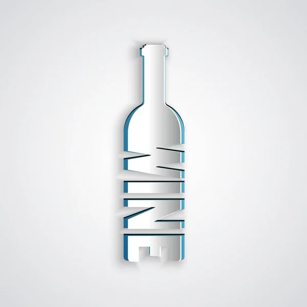 Papel cortado Garrafa de ícone de vinho isolado no fundo cinza. Letras de vinho. Estilo de arte de papel. Ilustração vetorial —  Vetores de Stock