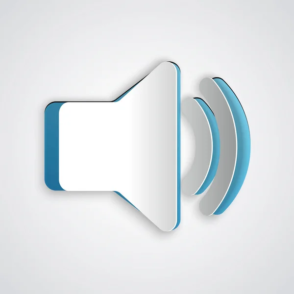 Papier knippen speaker volume icon-Audio Voice Sound symbool, media muziek icoon geïsoleerd op grijze achtergrond. Papier kunststijl. Vector illustratie — Stockvector