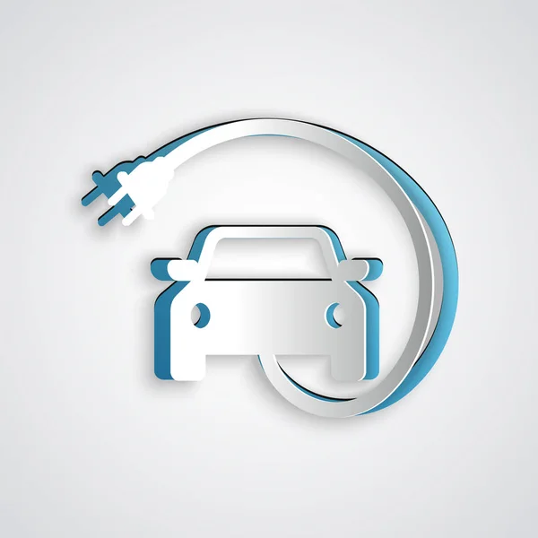 Paper cut Electric car and electrical cable plug charging icon isolated on grey background. Renewable eco technologies. Paper art style. Vector Illustration — Stock Vector