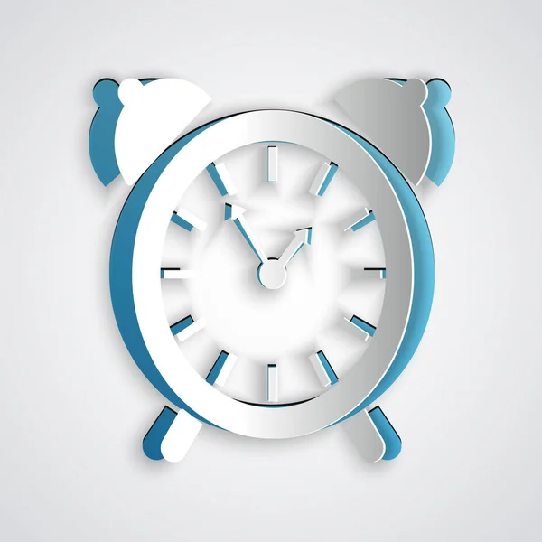 Corte de papel Icono de reloj despertador aislado sobre fondo gris. Despierta, levántate concepto. Señal de tiempo. Estilo de arte de papel. Ilustración vectorial — Archivo Imágenes Vectoriales