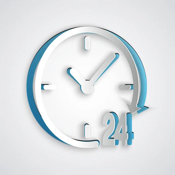 Reloj de corte de papel 24 horas icono aislado sobre fondo gris. Todo el día icono cíclico. Símbolo de servicio 24 horas. Estilo de arte de papel. Ilustración vectorial — Vector de stock