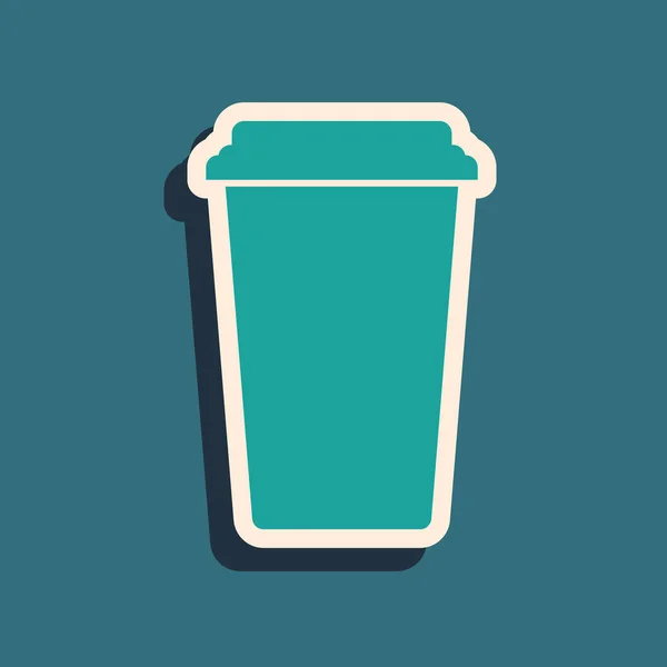 Green Coffee cup icon isolated on blue background. Disposable coffee cup with hot coffee. Long shadow style. Vector Illustration — Stock Vector