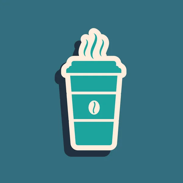 Icono de taza de café verde aislado sobre fondo azul. taza de café desechable con café caliente. Estilo de sombra larga. Ilustración vectorial — Archivo Imágenes Vectoriales