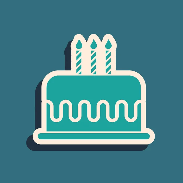 Grüne Torte mit brennenden Kerzen auf blauem Hintergrund. Alles Gute zum Geburtstag. Lange Schatten. Vektorillustration — Stockvektor
