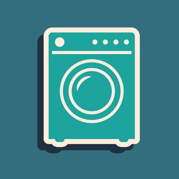 Grüne Unterlegscheibe Symbol isoliert auf blauem Hintergrund. Waschmaschinensymbol. Waschmaschine - Waschmaschine. Haushaltsgerätesymbol. Lange Schatten. Vektorillustration — Stockvektor