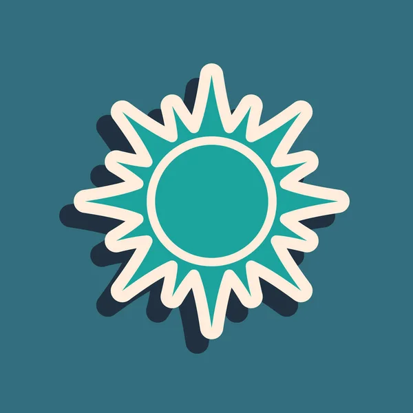 Icono Sol Verde aislado sobre fondo azul. Estilo de sombra larga. Ilustración vectorial — Vector de stock