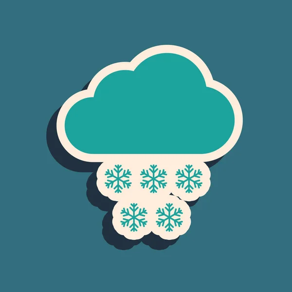 Grüne Wolke mit Schnee-Symbol auf blauem Hintergrund. Wolke mit Schneeflocken. einzelnes Wettersymbol. Schneeschild. Lange Schatten. Vektorillustration — Stockvektor