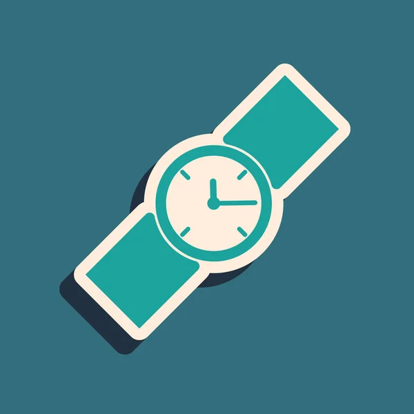 緑色の腕時計アイコンは、青い背景に分離されています。腕時計アイコン。長いシャドウ スタイル。ベクトルイラストレーション — ストックベクタ