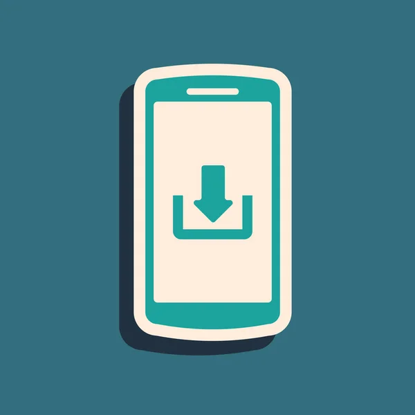 Smartphone verde com ícone de download isolado no fundo azul. Estilo de sombra longo. Ilustração vetorial — Vetor de Stock