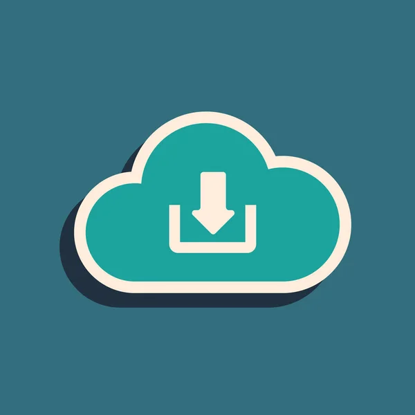Green Cloud download icoon geïsoleerd op blauwe achtergrond. Lange schaduwstijl. Vector illustratie — Stockvector