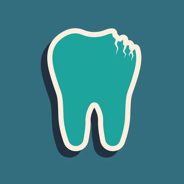 Green Broken tooth icon isolated on blue background. Dental problem icon. Dental care symbol. Long shadow style. Vector Illustration — Stock Vector