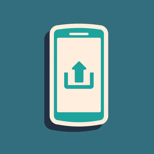 Smartphone verde con icono de carga aislado sobre fondo azul. Estilo de sombra larga. Ilustración vectorial — Archivo Imágenes Vectoriales