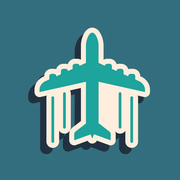 Icono Plano Verde aislado sobre fondo azul. Icono del avión volador. Firma del avión. Estilo de sombra larga. Ilustración vectorial — Vector de stock