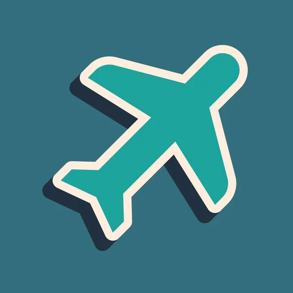Zielona płaszczyzna ikona wyizolowana na niebieskim tle. Latająca ikona samolotu. Znak Airliner. Długi styl cienia. Ilustracja wektorowa — Wektor stockowy