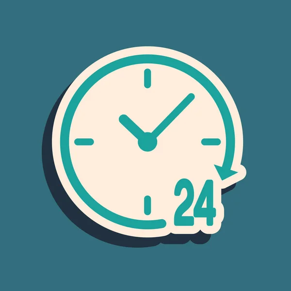 Reloj verde 24 horas icono aislado sobre fondo azul. Todo el día icono cíclico. Símbolo de servicio 24 horas. Estilo de sombra larga. Ilustración vectorial — Archivo Imágenes Vectoriales