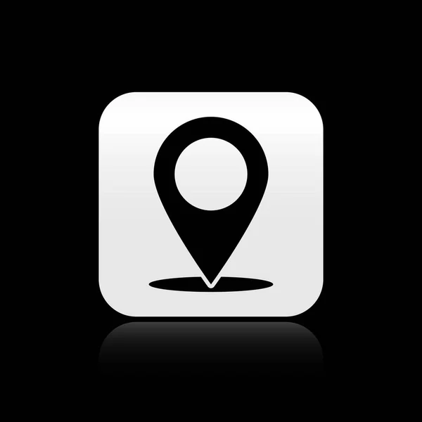 Icono de pin Mapa Negro aislado sobre fondo negro. Navegación, puntero, ubicación, mapa, GPS, dirección, lugar, brújula, contacto, concepto de búsqueda. Botón cuadrado plateado. Ilustración vectorial — Vector de stock