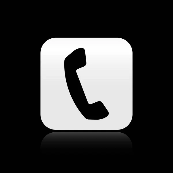 Icono de teléfono negro aislado sobre fondo negro. Señal telefónica. Botón cuadrado plateado. Ilustración vectorial — Archivo Imágenes Vectoriales