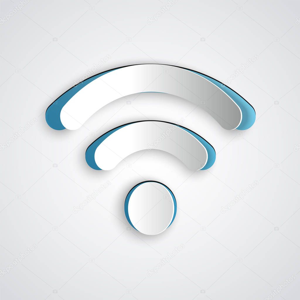 Paper cut Wi-Fi wireless internet network symbol icon isolated on grey background. Paper art style. Vector Illustration