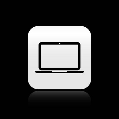 Siyah arka planda yalıtılmış Siyah Laptop simgesi. Boş ekran işareti olan bilgisayar not defteri. Gümüş kare düğme. Vektör İllüstrasyonu