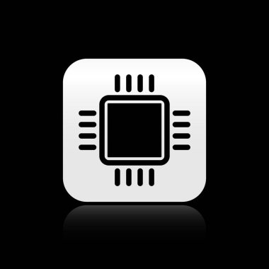 Siyah arka planda izole mikrodevreler Cpu simgesi ile Siyah Bilgisayar işlemci. Devre kartı işareti ile chip veya cpu. Mikro işlemci. Gümüş kare düğme. Vektör İllüstrasyonu