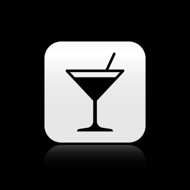 Siyah Martini cam simgesi siyah arka plan üzerinde izole. Kokteyl simgesi. Şarap bardağı simgesi. Gümüş kare düğme. Vektör İllüstrasyonu