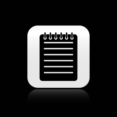 Siyah arka planda yalıtılmış siyah not defteri simgesi. Spiral not defteri simgesi. Yazı defteri. İş günlüğü. Dizüstü kapak tasarımı. Gümüş kare düğme. Vektör İllüstrasyonu