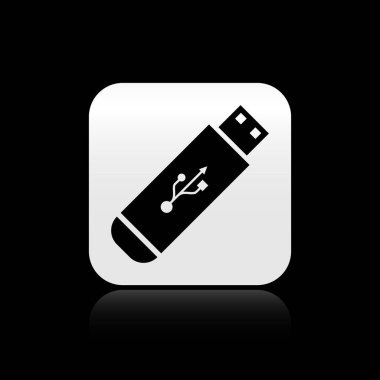 Siyah arka planda yalıtılmış siyah Usb flash sürücü simgesi. Gümüş kare düğme. Vektör İllüstrasyonu