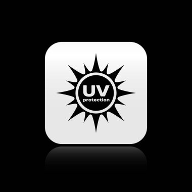 Siyah arka plan üzerinde izole siyah Uv koruma simgesi. Ultraviyole ışınları radyasyon. Spf güneş işareti. Gümüş kare düğme. Vektör İllüstrasyonu