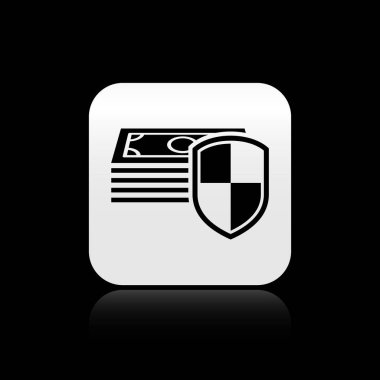 Siyah arka planda yalıtılmış Black Money koruma simgesi. Finansal güvenlik, banka hesabı koruması, dolandırıcılığı önleme, güvenli para işlemi. Gümüş kare düğme. Vektör İllüstrasyonu