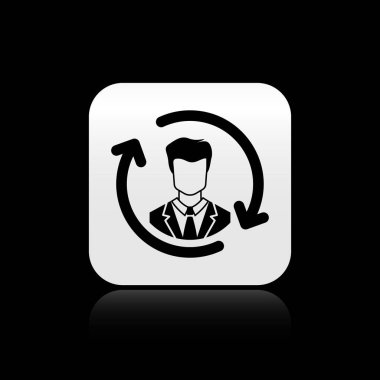 Siyah İnsan kaynakları simgesi siyah arka planda yalıtılmış. İnsan kaynakları yönetimi kavramı, profesyonel personel araştırması, baş avcı işi. Gümüş kare düğme. Vektör İllüstrasyonu