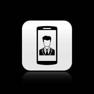 Siyah arka planda izole edilmiş ekran simgesinde kişi olan Siyah Akıllı Telefon. Gelen arama. Telefon ekranında insan. İletişimi arayın. Gümüş kare düğme. Vektör İllüstrasyonu