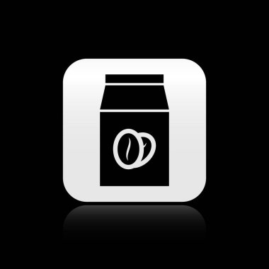 Siyah arka plan üzerinde izole çanta simgesi Nde Siyah Kahve fasulye. Gümüş kare düğme. Vektör İllüstrasyonu