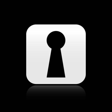 Siyah arka planda yalıtılmış siyah anahtar deliği simgesi. Başarı çözümünün anahtarı. Anahtar deliği bilmece, gizli, güvenlik, güvenlik kavramını ifade. Gümüş kare düğme. Vektör İllüstrasyonu