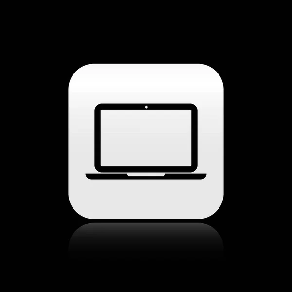 Icono de ordenador portátil negro aislado sobre fondo negro. Computadora portátil con pantalla vacía. Botón cuadrado plateado. Ilustración vectorial — Vector de stock