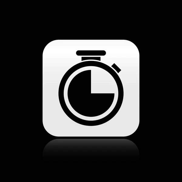 Schwarzes Stoppuhrsymbol isoliert auf schwarzem Hintergrund. Zeitzeichen. Silberner quadratischer Knopf. Vektorillustration — Stockvektor