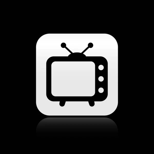 Siyah arka planda yalıtılmış siyah Tv simgesi. Televizyon tabelası. Gümüş kare düğme. Vektör İllüstrasyonu — Stok Vektör