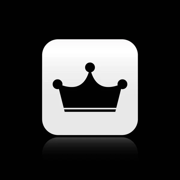 Icona della corona nera isolata su sfondo nero. Pulsante quadrato argento. Illustrazione vettoriale — Vettoriale Stock